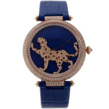 Cartier Panthère De Cartier Bisel De Oro Rosa De Caso Completo Con MOP Diamante Azul Dial-Correa De Cuero