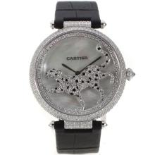 Cartier Panthère De Cartier Del Diamante Del Bisel Completa Con Correa De Cuero Gris MOP Dial-Negro