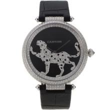 Cartier Panthère De Cartier Del Diamante Del Bisel Completo Con MOP Dial Negro-Correa De Cuero