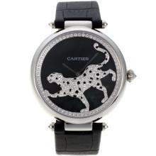 Cartier Panthère De Cartier Diamond Bisel Con MOP Dial Negro-Correa De Cuero