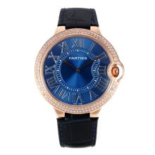 Cartier Ballon Bleu De Cartier Rose Bisel Del Diamante Del Oro Con Correa De Cuero Azul Dial-Negro