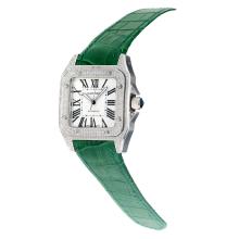 Cartier Santos 100 Asia ETA 2813 Caja Del Diamante Del Movimiento Automático Con Correa De Cuero Blanco Dial-Green