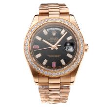 Rolex Day-Date II Movimiento Suizo ETA 2836 Diamond Bisel Completo De Oro Rosa Con Negro Dial-cristal De Zafiro