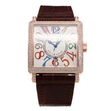 Franck Muller Master Square Rose Gold Case Diamond Bezel with White Dial-Brown Leather Strap