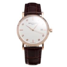 Patek Philippe Swiss ETA 2836 Movement Rose Gold Case with White Dial-Leather Strap