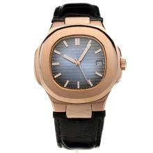 Patek Philippe Nautilus Automatic Rose Gold Case Blue Dial with Leather Strap-18K Plated Gold Movement