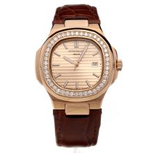 Patek Philippe Nautilus Rose Gold Case Diamond Bezel with Champagne Dial-Leather Strap