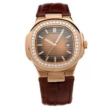 Patek Philippe Nautilus Rose Gold Case Diamond Bezel with Brown Dial-Leather Strap