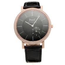 Piaget Altiplano Automatic Rose Gold Case Diamond Bezel with Black Dial-Leather Strap-1