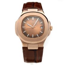 Patek Philippe Nautilus Automatic Rose Gold Case Brown Dial with Leather Strap-18K Plated Gold Movement