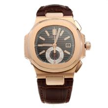 Patek Philippe Nautilus Asia Valjoux 7750 Movement Rose Gold Case with Brown Dial-Leather Strap