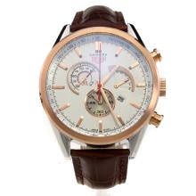 Tag Heuer Carrera Working Chronograph Two Tone Case with White Dial-Leather Strap