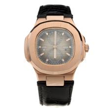 Patek Philippe Nautilus Automatic Rose Gold Case with Gray Dial-Leather Strap
