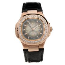 Patek Philippe Nautilus Automatic Rose Gold Case Diamond Bezel with Gray Dial-Leather Strap