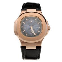 Patek Philippe Nautilus Automatic Rose Gold Case with Blue Dial-Leather Strap