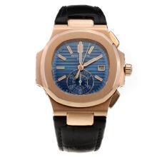 Patek Philippe Nautilus Asia Valjoux 7750 Movement Rose Gold Case with Blue Dial-Leather Strap