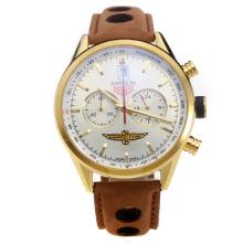 Tag Heuer Carrera Working Chronograph Gold Case with Silver Dial-Leather Strap