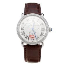 Cartier Rotonde De Cartier Watch Diamond Bezel With White Dial And Brown Leather Strap