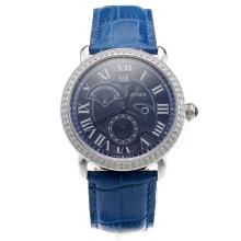 Cartier Rotonde De Cartier Watch Diamond Bezel With Blue Dial And Leather Strap