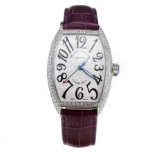 Franck Muller Casablanca Automatic Diamond Bezel with White Dial-Purple Leather Strap