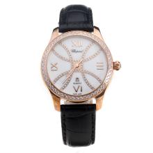 Chopard Happy Sport Rose Gold Case Diamond Bezel with MOP Dial-Black Leather Strap