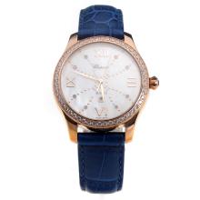 Chopard Happy Sport Rose Gold Case Diamond Bezel with MOP Dial-Blue Leather Strap