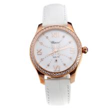 Chopard Happy Sport Rose Gold Case Diamond Bezel with MOP Dial-White Leather Strap