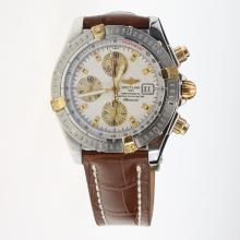 Breitling Chronomat Evolution Chronograph Asia Valjoux 7750 Movement Two Tone Case Stick Markers with White Dial-Leather Strap