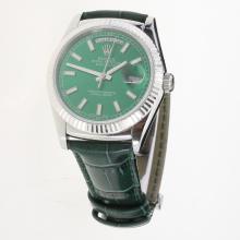 Rolex Day-Date 3156 Automatic Movement Stick Markers with Green Dial-Leather Strap