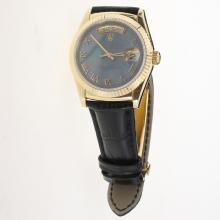 Rolex Day-Date 3156 Automatic Movement Gold Case Roman Markers with Black MOP Dial-Leather Strap