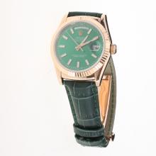 Rolex Day-Date 3156 Automatic Movement Rose Gold Case Stick Markers with Green Dial-Leather Strap