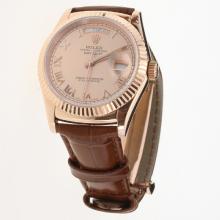 Rolex Day-Date 3156 Automatic Movement Rose Gold Case Roman Markers with Champagne Dial-Leather Strap