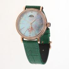 IWC Portofino Moonphase Automatic Rose Gold Case Diamond Bezel with Blue MOP Dial-Green Leather Strap