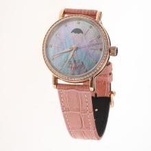 IWC Portofino Moonphase Automatic Rose Gold Case Diamond Bezel with Blue MOP Dial-Pink Leather Strap