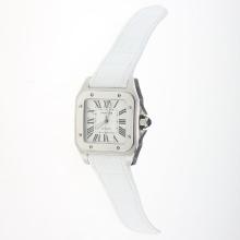 Cartier Santos 100 Automatic with White Dial-White Leather Strap