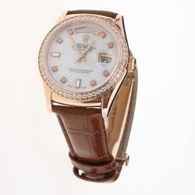 Rolex Day-Date 3156 Automatic Movement Rose Gold Case Diamond Markers & Bezel with MOP Dial-Leather Strap