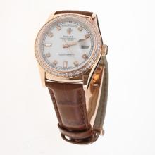 Rolex Day-Date 3156 Automatic Movement Rose Gold Case Diamond Markers & Bezel with White Dial-Leather Strap