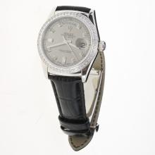 Rolex Day-Date 3156 Automatic Movement Diamond Markers & Bezel with Gray Dial-Leather Strap