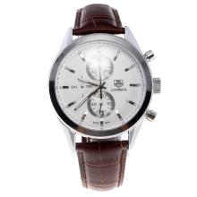 Tag Heuer Carrera Cal.1887 Working Chronograph Stick Markers with White Dial-Leather Strap