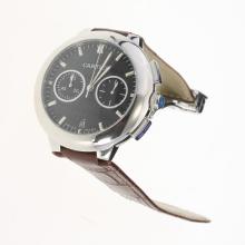 Cartier Rotonde de Cartier Working Chronograph with Black Carbon Fibre Style Dial-Brown Leather Strap