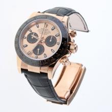 Rolex Daytona Swiss Calibre 4130 Chronograph Movement Rose Gold Case Ceramic Bezel Stick Markers with Champagne Dial-Leather Strap