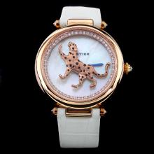 Cartier Masse Secrete Panther Decor Rose Gold Case with MOP Dial-White Leather Strap