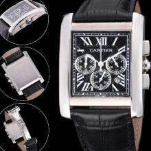 Cartier Tank Working Chronograph stainless steel Case With black Dial-Leather Strap 