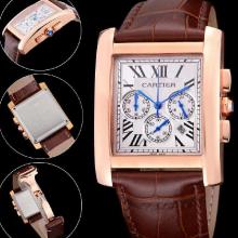 Cartier Tank Working Chronograph Rose Gold Case With white Dial-Leather Strap 