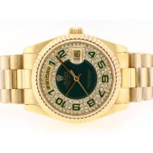 Rolex Day-Date Suizo ETA 2836 Un Movimiento Completo De Oro Con Diamante Verde De Acceso Telefónico Número Marcado